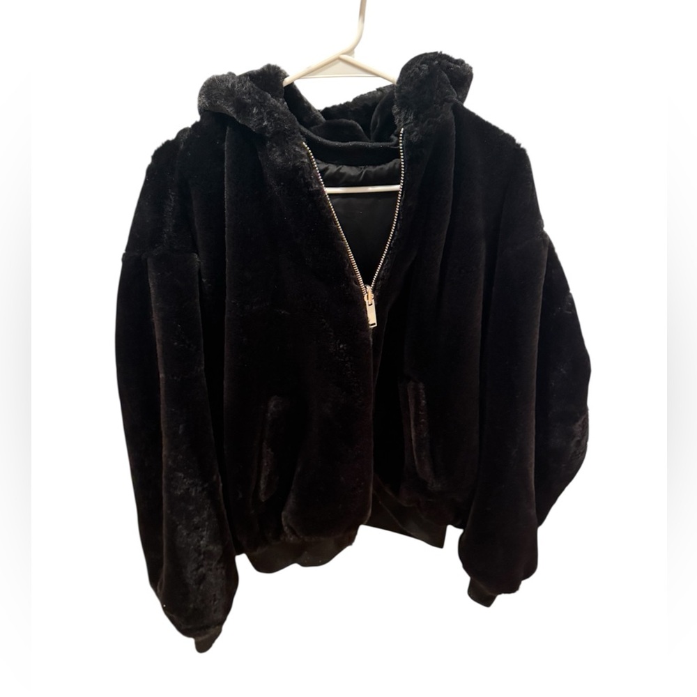 Reversible faux fur & satin Zara zip hooded jacket